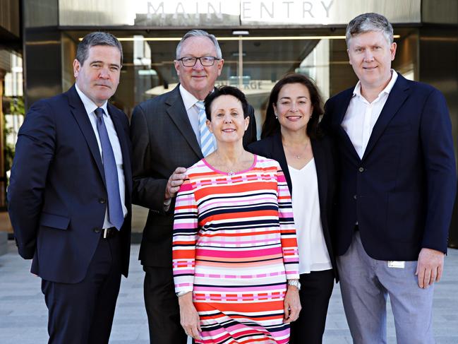 Healthscope managing director and CEO Gordon Ballantyne, Mr Hazzard, Ms Latta, surgeon Stuart Pincott and hospital medical director Louise Messara out the front of the hospital on opening day. Picture: Adam Yip.