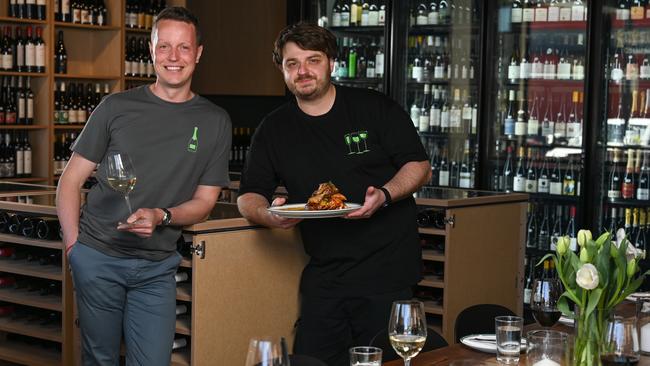 Inside East End Cellars' new food focused venue in Norwood Green. Co-owner Mathieu Smeysters with head chef Josh Lansley. Picture: Naomi Jellicoe