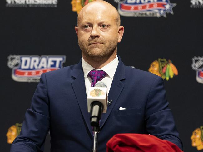 CHICAGO, ILLINOIS - OCTOBER 06: Vice president and general manager Stan Bowman of the Chicago Blackhawks speaks from the podium before their 17th overall pick in the first round of the 2020 NHL Entry Draft at Fifth Third Arena on October 06, 2020 in Chicago, Illinois. The 2020 NHL Draft was held virtually due to the ongoing Coronavirus pandemic. (Photo by Taylor Wilder/NHLI via Getty Images)