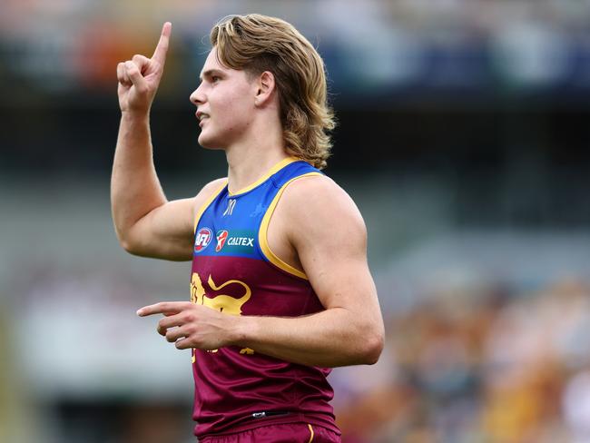 BRISBANE, AUSTRALIA - APRIL 29: Will Ashcroft of the Lions celebrates a goal during the round seven AFL match between Brisbane Lions and Fremantle Dockers at The Gabba, on April 29, 2023, in Brisbane, Australia. (Photo by Chris Hyde/AFL Photos/via Getty Images )