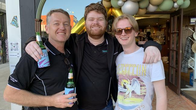 Resource Industry Network leader Tim Magoffin (left) with his sons James (centre) and Matthew at M'Lady's 40th anniversary party in Mackay on July 22. Picture: Duncan Evans