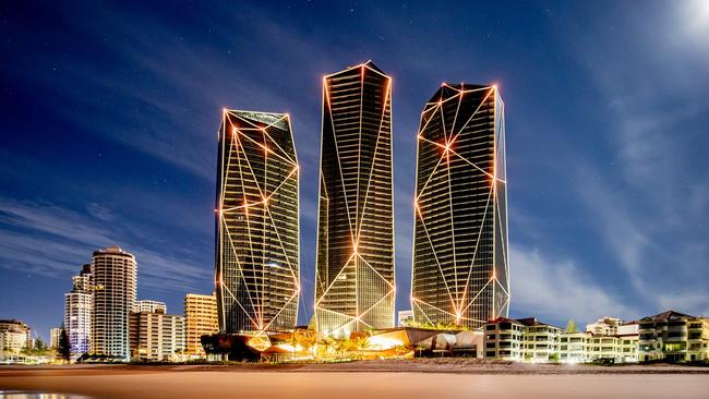 The Surfers Paradise Jewel towers lit up by Blue Star lighting specialists in a $3m display project of 6000 individually programmed remote controlled lighting pixels. Picture: Luke Marsden.