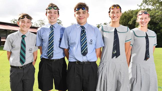 Sport star athletes at Matthew Flinders Anglican College. Swimmers: Murray Clare, Ryan Bambach, Callum Simpson, Lia-Belle Wiese and Imogen Wassing. Picture: Patrick Woods.