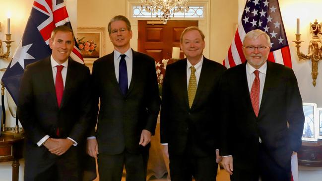 Treasurer Jim Chalmers meets with US Treasury Secretary Scott Bessent, National Economic Council director Kevin Hassett, and US ambassador Kevin Rudd in Washington DC.