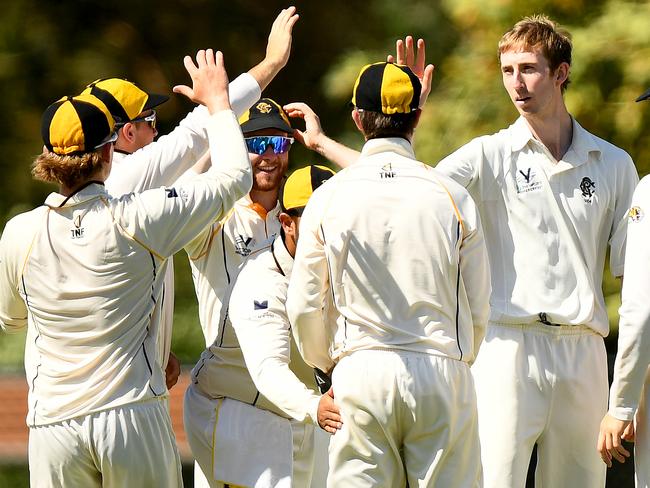 Richmond celebrate taking the wicket of Jackson Freeman of Ringwood during the Victorian Premier Cricket Kookaburra Men's Premier Firsts Semi-Final match between Ringwood and Richmond at Jubilee Park, on March 9, 2024, in Melbourne, Australia. (Photo by Josh Chadwick)