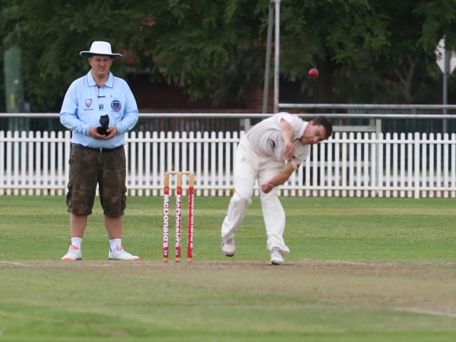 Penrith Grade Cricket.Secong grade game between Penrith and Manly at Howell Oval. Penrith.Kane Balgowan bowling for Penrith