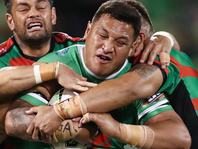 *APAC Sports Pictures of the Week - 2019, September 30* CANBERRA, AUSTRALIA - SEPTEMBER 27: Josh Papalii of the Raiders is tackled by the Rabbitohs defence during the NRL Preliminary Final match between the Canberra Raiders and the South Sydney Rabbitohs at GIO Stadium on September 27, 2019 in Canberra, Australia. (Photo by Brendon Thorne/Getty Images)