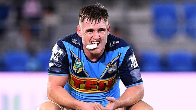 AJ Brimson of the Titans looks on at full-time during the Round 24 NRL match between the Gold Coast Titans and the Melbourne Storm at Cbus Super Stadium on the Gold Coast, Saturday, August 25, 2018. (AAP Image/Dave Hunt) NO ARCHIVING, EDITORIAL USE ONLY