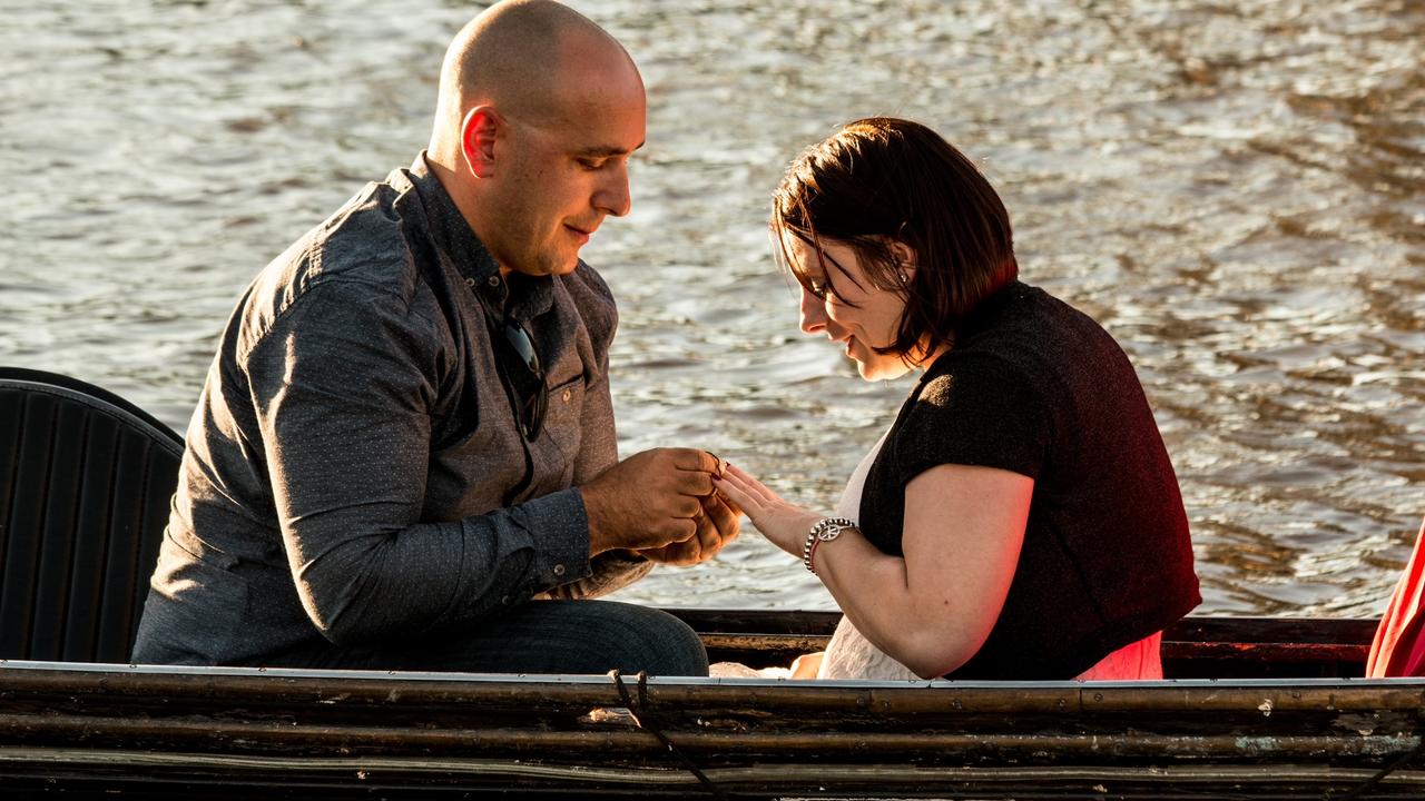 Luke proposing to Nikki on a gondola on the River Torrens. Picture: Supplied