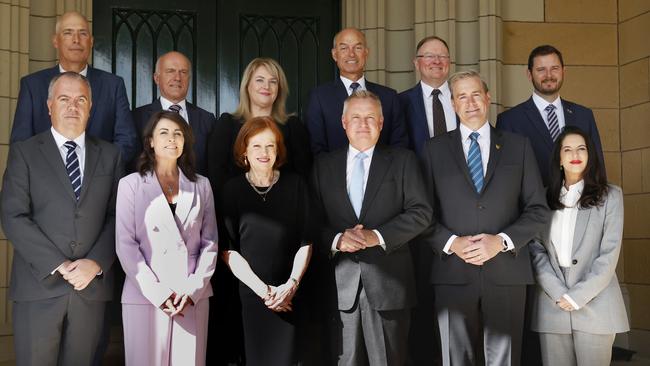 The new Tasmanian government Cabinet which was sworn in at Government House in Hobart this week, from back left, Nick Duigan, Eric Abetz, Madeleine Ogilvie, Guy Barnett, Roger Jaensch, Felix Ellis. Front row, Nic Street, Jo Palmer, Governor Barbara Baker, Premier Jeremy Rockliff, Deputy Premier Michael Ferguson and Jane Howlett. Picture: Nikki Davis-Jones