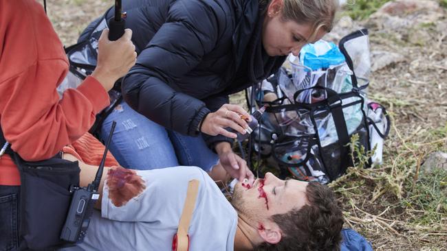 Working on actor Patrick O'Connor as Dean Thompson’s life hangs in the balance after a car crash on Home And Away. Picture: Supplied