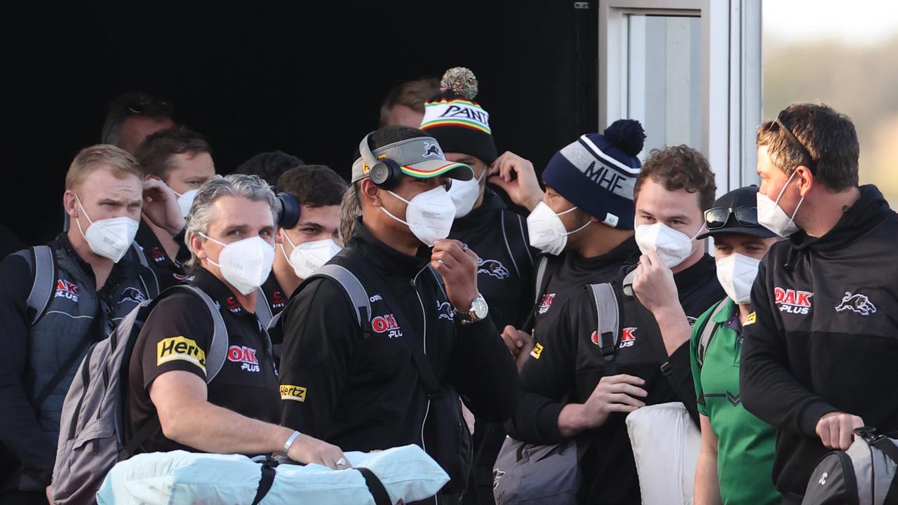 Ivan Cleary and Penrith Panthers players touch down on the Sunshine Coast as they set up in Queensland hubs after a large Covid outbreak in Sydney. Picture Lachie Millard