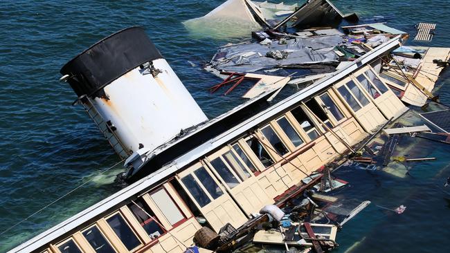 The Baragoola Ferry on Sunday, after it capsized overnight at its mooring at Balls Head on the north side of Sydney Harbour. Picture: Gaye Gerard