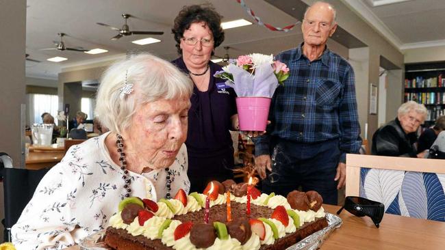 HAPPY BIRTHDAY: Ailsa Ryder blows out her candles for turning at 103. Picture: Patrick Woods