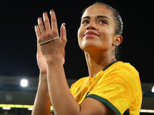 PERTH, AUSTRALIA - NOVEMBER 01: Mary Fowler of the Matildas acknowledges the crowd after the win during the AFC Women's Asian Olympic Qualifier match between Australia Matildas and Chinese Taipei at HBF Park on November 01, 2023 in Perth, Australia. (Photo by James Worsfold/Getty Images)