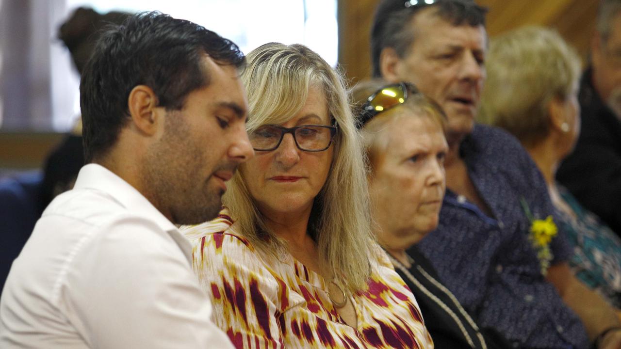 Friends and family attend the funeral of well-known Gold Coast man Ian Gal at Nerang Uniting Church on Thursday morning. Picture: Tertius Pickard