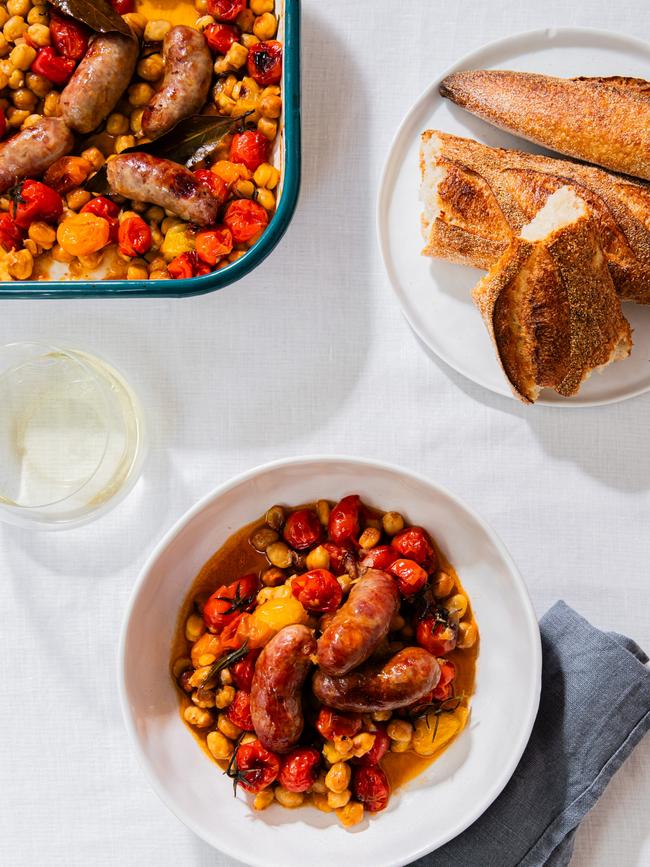 Serve the sausage bake with crusty brean.