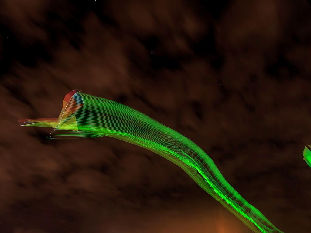 The kites in action at Clontarf’s Pelican Park at night ahead of Redcliffe KiteFest. Photo: Josh Woning.