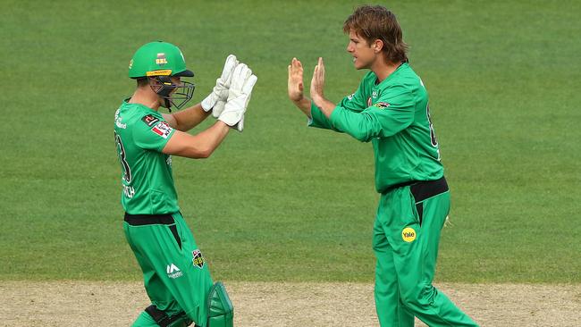 Adam Zampa celebrates another scalp with Stars keeper Seb Gotch.