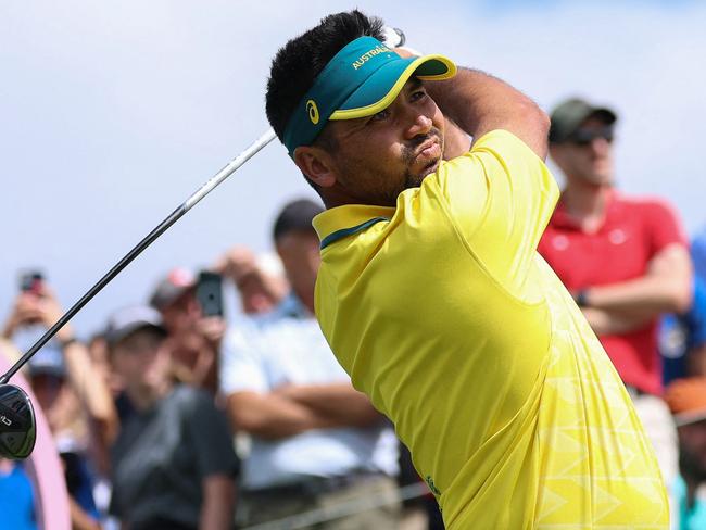 Australia's Jason Day tees off in round 4 of the menâs golf individual stroke play of the Paris 2024 Olympic Games at Le Golf National in Guyancourt, south-west of Paris on August 4, 2024. (Photo by Emmanuel DUNAND / AFP)