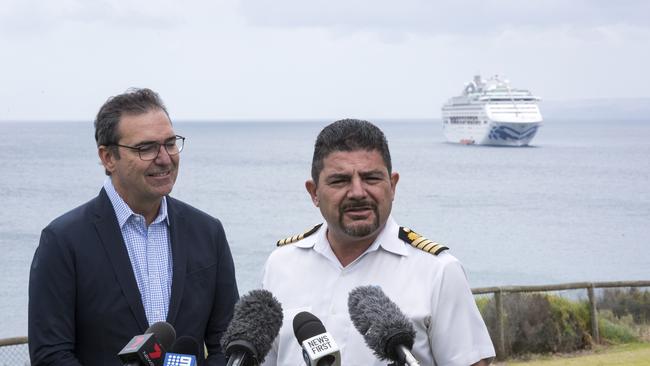 SA Premier Steven Marshall Premier welcomes Sun Princess’s Captain Diego Perra.Picture: John Montesi.