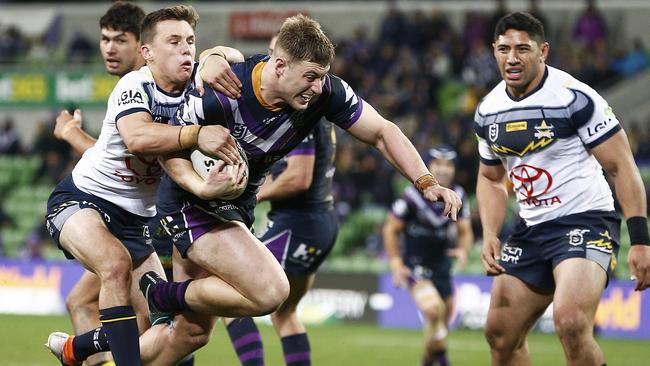 Max King pushed his case for a spot in the Storm team in the finals after he scored his first try for the club on Friday night. picture: Getty Images