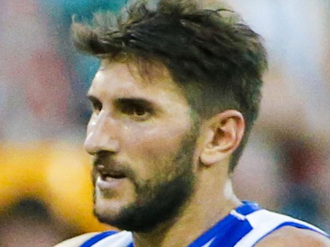 Jarrad Waite of North Melbourne celebrates after kicking a goal during Round 2 AFL match between the Brisbane Lions and North Melbourne at the GABBA, Brisbane, Saturday April 2, 2016. (AAP Image/Glenn Hunt) NO ARCHIVING, EDITORIAL USE ONLY