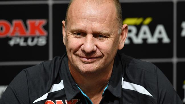 A happy Ken Hinkley speaks to the media after Port’s win over Sydney at the SCG. Picture: AAP / David Mariuz