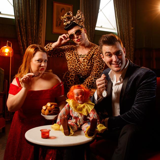 Adelaide Cabaret Fringe performers Michelle Pearson from show Just Desserts, Boo Dwyer from Petty Bitches and Isaac Lomman (Hypnosis Live) at new hub Gluttony in Masonic Lodge. Picture MATT TURNER.