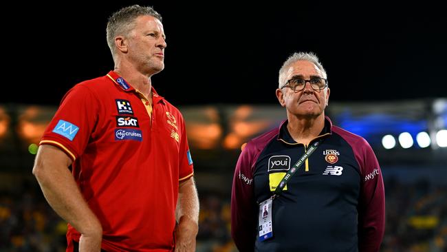 Gold Coast Suns coach Damien Hardwick and Brisbane Lions boss Chris Fagan. Picture: Albert Perez/AFL Photos via Getty Images
