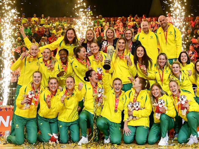CAPE TOWN, SOUTH AFRICA - AUGUST 06: Australia crowned champions during the Netball World Cup Medal Presentation at Cape Town International Convention Centre, Court 1 on August 06, 2023 in Cape Town, South Africa. (Photo by Ashley Vlotman/Gallo Images/Netball World Cup 2023 via Getty Images)