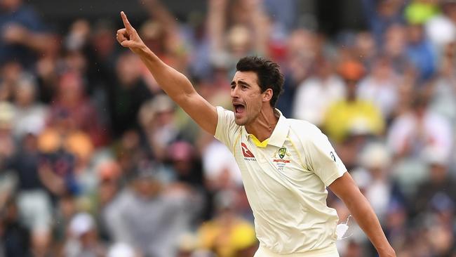 PERTH, AUSTRALIA - DECEMBER 17:  Mitchell Starc of Australia celebrates  getting the wicket of James Vince of England during day four of the Third Test match during the 2017/18 Ashes Series between Australia and England at WACA on December 17, 2017 in Perth, Australia.  (Photo by Quinn Rooney/Getty Images)