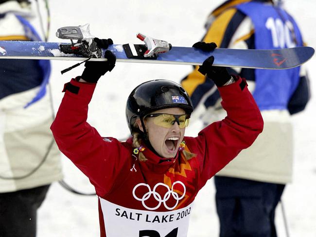 Alisa Camplin-Warner celebrates after winning a Winter Olympics gold medal in 2002. Picture: Sport the library/Sandra Teddy