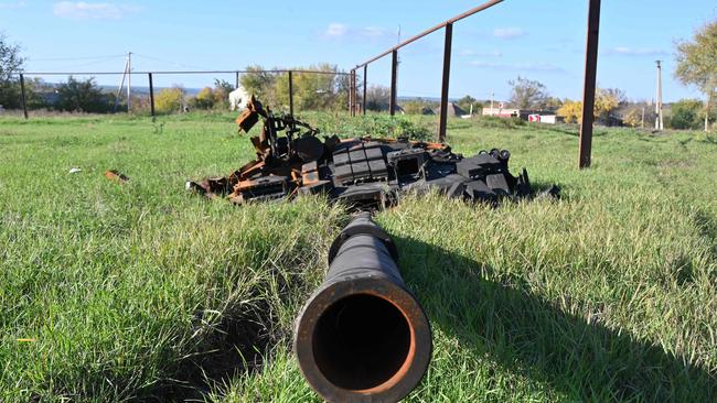 A destroyed Russian tank on a road near Izyum, eastern Ukraine. Picture: AFP