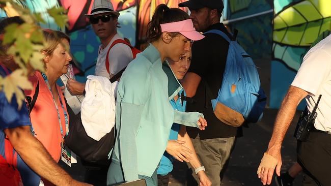 German tennis player Andrea Petkovic retired after from her first round match during day one of the 2019 Australian Open after collapsing. She later said she was affected by the heat. Picture: Mark Kolbe/Getty