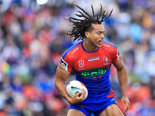 NEWCASTLE, AUSTRALIA - AUGUST 13: Dominic Young of the Knights runs with the ball during the round 24 NRL match between Newcastle Knights and Canterbury Bulldogs at McDonald Jones Stadium on August 13, 2023 in Newcastle, Australia. (Photo by Jenny Evans/Getty Images)