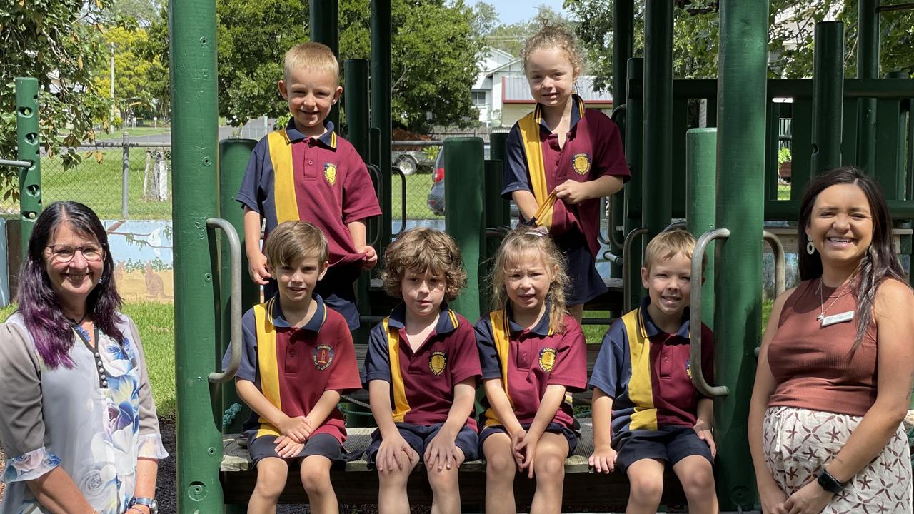 Goomeri State School P-10 – (Back from left): Marnus, Pip, (front from left) Aliviah, Charlie, Isabella, Blake, and teachers Mrs Knight (left) and Ms Talliesen. Gympie My First Year.