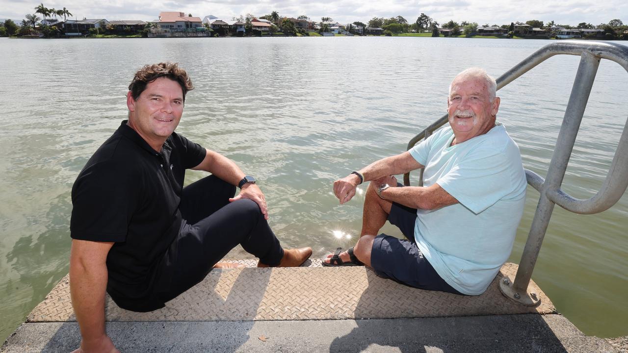 Lake Hugh Muntz is open again after close to a year of being shut due to red algae levels. Cr Nick Marshall (black shirt) with local lake activist John McManus happy with the lake. Picture Glenn Hampson