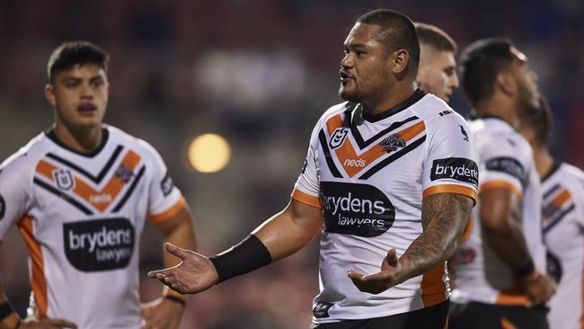 Joey Leilua of the Wests Tigers reacts after a penalty try is awarded to the Panthers during the round-16 NRL match between the Panthers and the Tigers at Panthers Stadium on Saturday. Picture: Brett Hemmings/Getty Images