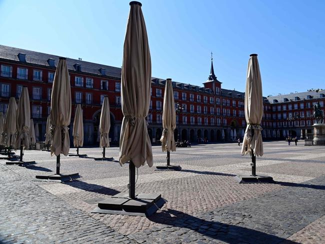 Restaurant terraces remain closed at the usually overcrowded Plaza Mayor in central Madrid. Picture: AFP