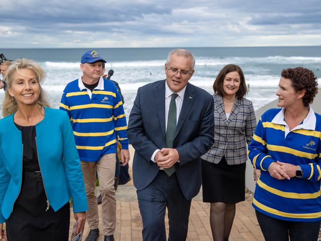 Prime Minister Scott Morrison visits Torquay Surf Life Saving Club with Senator Sarah Henderson, Liberal candidate for Corangamite Stephanie Asher and Torquay Surf Life Saving Club President Tiffany Quinlan. Picture: Jason Edwards