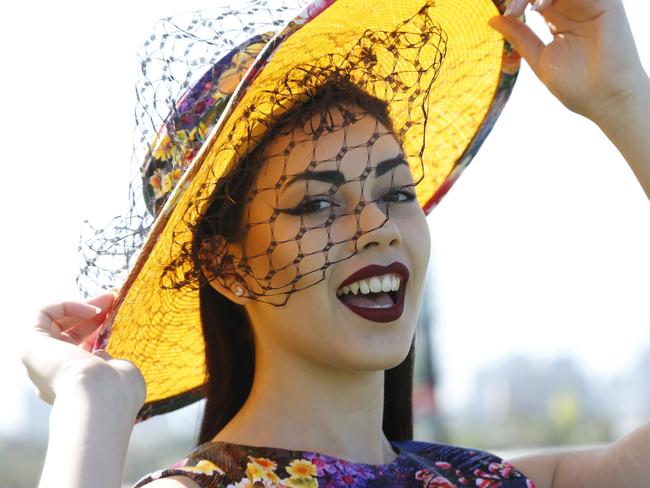 2015 Melbourne Cup Day at Flemington Racecourse. Myer Fashion in the Field. Vanessa Skrypczak of Melbourne wearing Peta Schaefer couture. Picture: David Caird.