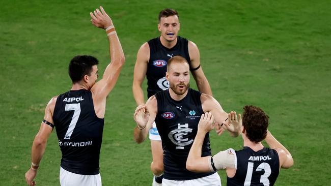 McKay’s teammates were ecstatic for the big key forward. (Photo by Dylan Burns/AFL Photos via Getty Images)