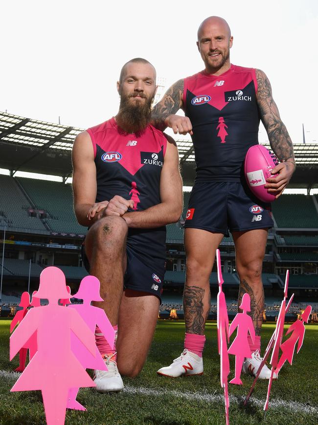 Max Gawn and Nathan Jones of the Demons pose during the launch of the Field of Women at the MCG in 2018. Picture: Quinn Rooney/Getty Images