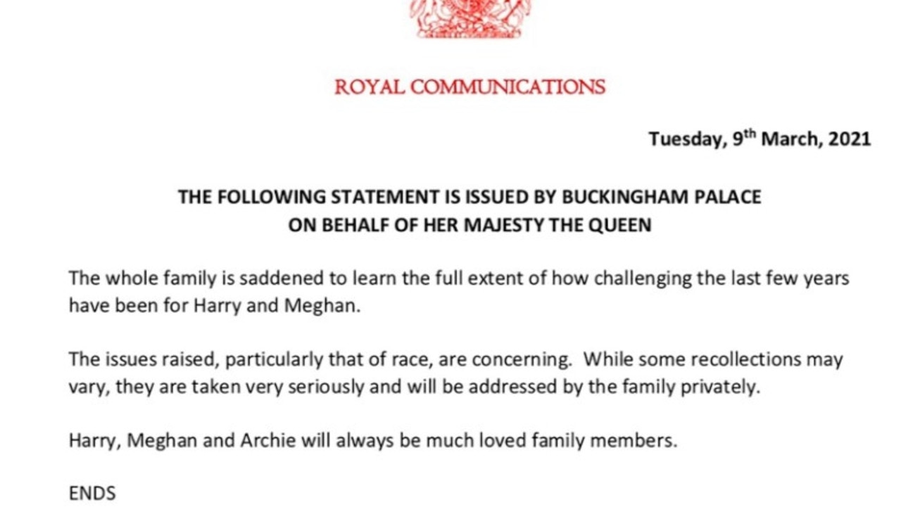 Buckingham Palace’s official statement in response to Harry and Meghan's interview with Oprah Winfrey.