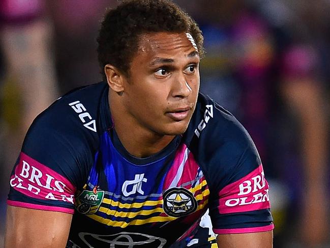 TOWNSVILLE, AUSTRALIA - MAY 30: Ray Thompson of the Cowboys passes the ball during the round 12 NRL match between the North Queensland Cowboys and the Manly Sea Eagles at 1300SMILES Stadium on May 30, 2015 in Townsville, Australia. (Photo by Ian Hitchcock/Getty Images)