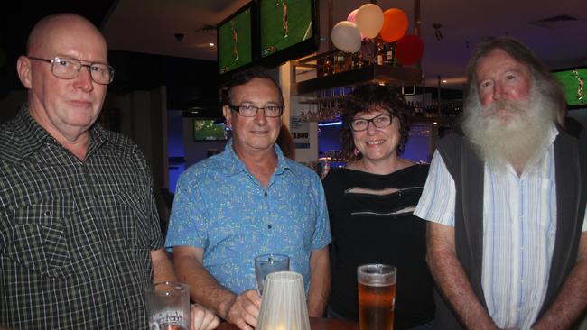 Ray Ackland, Tony Mahood, Gay Cain and Syd Anderson took to the Airlie Beach Hotel on Friday night. Photo: Keagan Ryan / Whitsunday Times (03/08/2014)