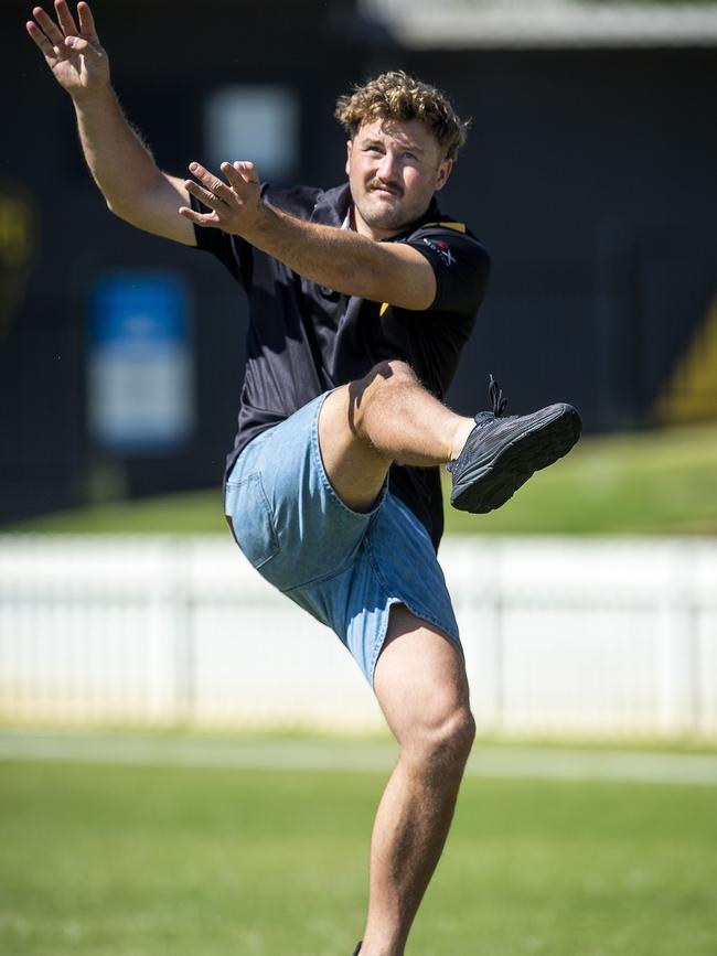 Dual Glenelg SANFL premiership defender Will Gould practising his long kicking at Glenelg Oval this week in preparation to pursue a career as an NFL punter. Picture: Mark Brake