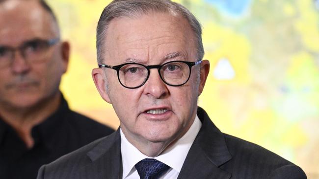 CANBERRA, AUSTRALIA  - NewsWire Photos - MARCH 6 2025: Prime Minister Anthony Albanese and National Emergency Management Agency Deputy Coordinator-General, Joe Buffone hold a media briefing in the National Situation Room (NEMA) in Canberra. Picture: NewsWire / Martin Ollman