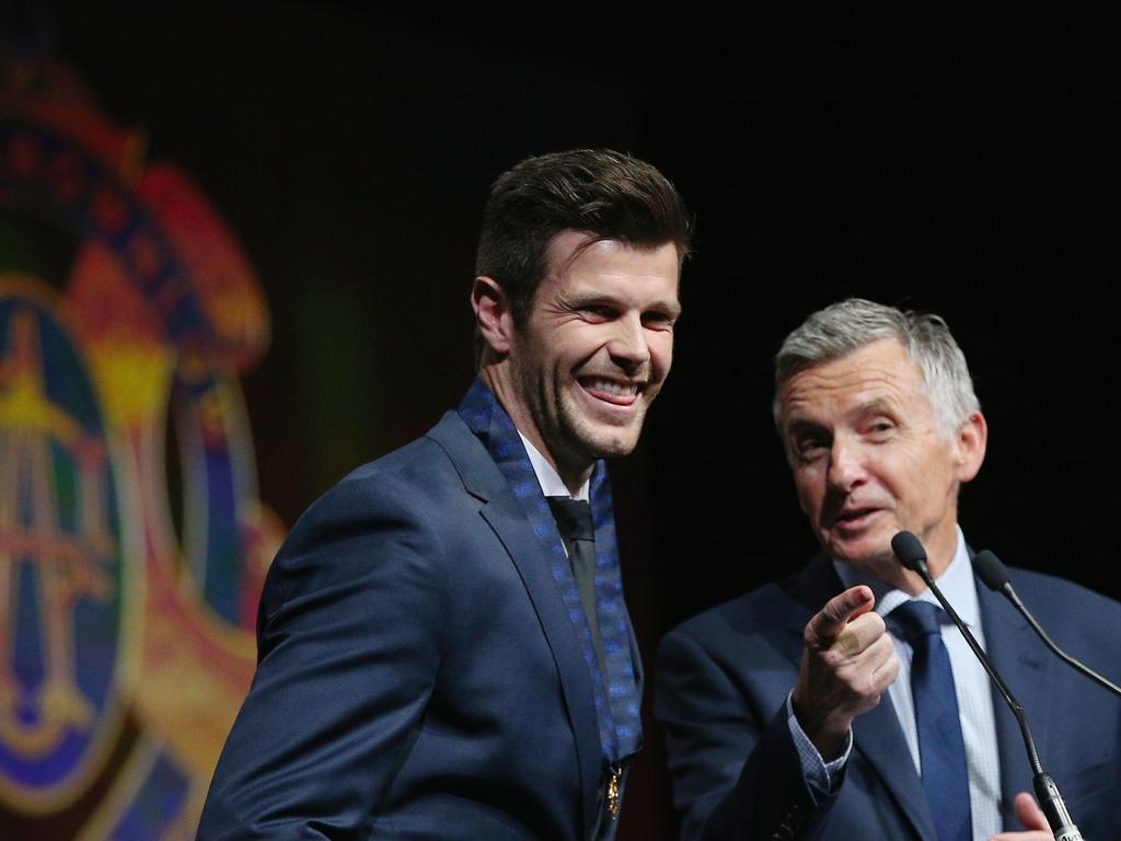 MELBOURNE, AUSTRALIA - DECEMBER 13:  Trent Cotchin of the Richmond Tigers speaks on stage during the 2012 Brownlow Medal presentation on December 13, 2016 in Melbourne, Australia.  (Photo by Michael Dodge/Getty Images)